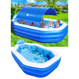 StarOcean Inflatable Pool with Canopy, Large Inflatable Swimming Pool for Kids,Adult, Blowup Pools with Seats,Backrest.Durable Thickened Inflatable Family Pools for Backyard,Dark Blue-120"x75"x20"