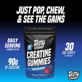 TASTY GAINS Creatine Infused Gummies, 90g of Creatine, Non-GMO, Vegan - Build Muscle & Boost Strength for Men & Women (1g Creatine Monohydrate Per Gummy) Made in USA