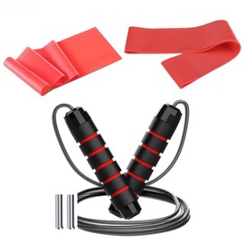 3 in 1 Fitness Pack: Elastic Band and Red Circular Rubber, Adjustable Jump Rope, Non-Slip Handle, Bearings and Extra Weight – Ideal for Home Training, Crossfit, Pilates, and Bodybuilding