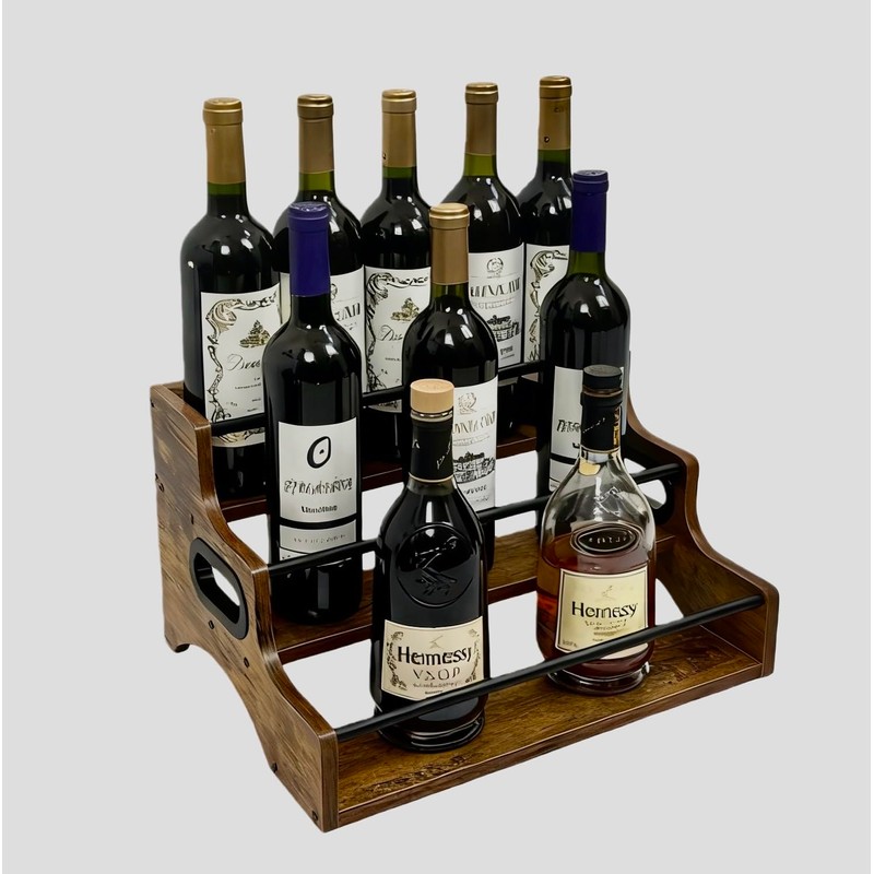 AT-VALY 3-Tier Liquor Bottle Display Shelf, Iron&MDF Countertop Wine Rack,