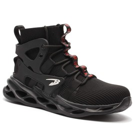 ORISTACO Work Safety Steel Toe Boots, Lightweight Breathable Industrial Construction Boots, High Cut 799 Black 46