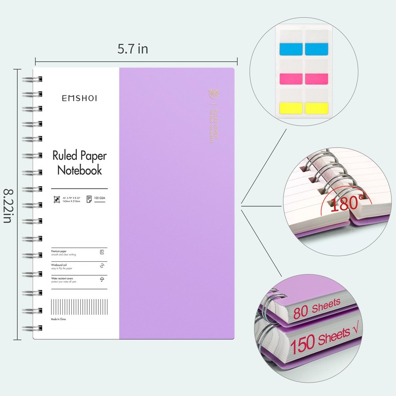 EMSHOI A5 Notebook Lined 300 Pages/150 Sheets, Wirebound Spiral Notepad,