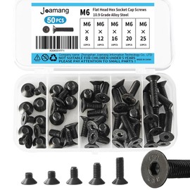 Joamang M6 x 8mm 12mm 16mm 20mm 25mm Flat Head Hex Socket Cap Screws Countersunk Bolts, 10.9 Grade Alloy Steel, Black Oxide Finish, Metric Allen Drive, Fully Threaded, Assortment Kit 50Pcs