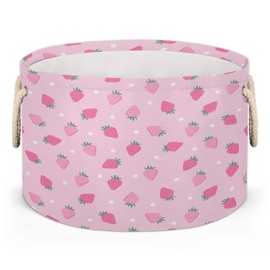 Pardick Large Round Storage Basket Pink Strawberry Polka Dot Collapsible Circle Laundry Hamper Storage Bin With Handle for Toy Blanket Dirty Clothes Towel Living Room Nursery Storage Organizer