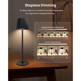 LZHYWEI 2 Pack LED Cordless Table Lamps Rechargeable, 6000mAh Battery Operated Portable Desk Lamp with 3 Color Stepless Dimming Up for Bedroom/Restaurant/Coffee Shop/Terrace/Couple Dinner (Black)