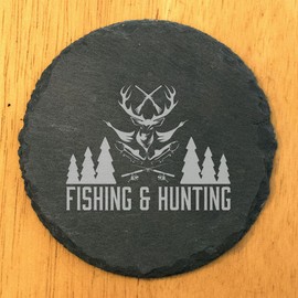 Hunting & Fishing Coasters: Rustic Slate, Laser Etched - Fish, Ducks, Deer - Round Slate - set of 6
