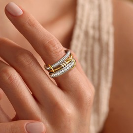 HERSIN Stackable Rings for Women Trendy, 14K Gold Plated Spinelli Kilcollin Ring Dainty CZ Rings Multi Chunky Silver Gold Ring Mixed Metal Stacking Rings Set Gold Jewelry for Women Ring Size 8