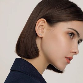 Sterling Silver Stud Earrings for Women, Cubic Zirconia Ear Curve Climber 5 CZ Cluster Cartilage Earrings Upper Ear Helix Piercing Tragus Studs for Girls Gift, Rose Gold