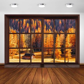 Avezano Fall Window Backdrop Autumn Forest Scene Portrait Photography Background Autumn Rustic Landscape Outdoor View Thanksgiving Harvest Party Decorations Photo Studio Booth Banner Supplies (7x5ft)