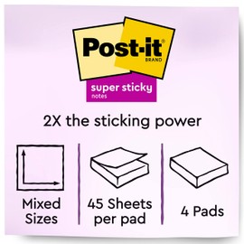 Post-it Super Sticky Notes, Assorted Sizes, 4 Pads, 2x the Sticking Power, Supernova Neons, Neon Colors, Recyclable (4622-SSMIA)