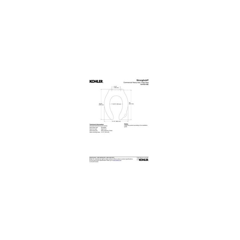 KOHLER K-4731-SC-0 Stronghold Elongated Toilet Seat with Self-Sustaining Check Hinge