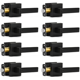 Hasmikit 8 Pack Matte Black Door Handles Privacy Door Levers, Heavy Duty Bed and Bath Door Locks Interior Door Knobs, Reversible Keyless Flat Levers with Square Rosette