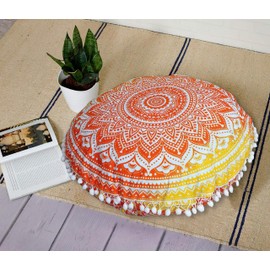22" Round Mandala Floor Pillow Cover Cushion Sofa Seating Throw Hippie Round Colourful Decorative Bohemian Boho Chic dog bed Indian Pouf Ottoman Handmade (Ombre- Orange)