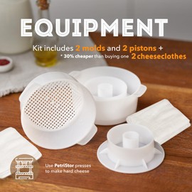 2 pcs Cheese Mold with a Follower Piston and Cheesecloth – Cheese Making Kit - Cheesemaking Supplies – Cheese Form Mold - Cheese Making Basket - Cotton Cloth For Straining - Molde Para Queso