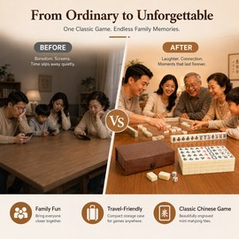Chinese Mahjong Game Set for Family Game Night – 144 Engraved Mini Tiles for Travel & Home Play
