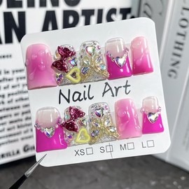Uñas postizas de presión de pato medianas de lujo hechas a mano, uñas falsas con lazo de purpurina y diseño de pedrería, uñas hechas a mano con pegame
