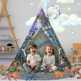 LimitlessFunN Dinosaur Teepee Kids Play Tent | Includes Padded Mat, Wooden Poles, Star Lights & Carrying Case |, Children Indoor Playhouse for Boys, Toddlers, 47" D x 47" W x 57" H