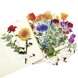 PRETTYLIFE 96pcs Natural Flower Stickers Set - 48pcs Big 5.7" Clear Botanical Floral PET Sticker and 48pcs Vintage Love Quotes Papers for Scrapbook Junk Journal Planners Collage Laptop DIY Craft