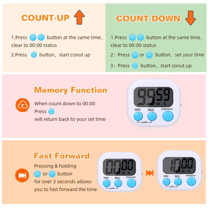 12 Pack Digital Kitchen Timers for Cooking, Small Magnetic Countdown