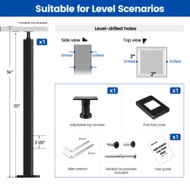 Muzata Black Cable Railing Post 36 Inch 36"x2"x2" Level Drilled Surface Mount T304 Stainless Steel Cable Railing System Kit Indoor Outdoor with Paper User Guide PS01 BH4S