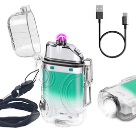 SKRFIRE Electric Lighters Transparent Waterproof Dual Arc Lighter with LED Flashlight, Windproof Rechargeable Lighter, Modern Style(ClearCyanWhite)
