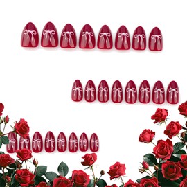 IMRAIN Valentine's Day Press on Nails Medium Almond Fake Nails Dark Red False Nails with Pink Bow Designs Glossy Cute Glossy Full Cover Acrylic Nails for Women Girls Stick on Nails 24Pcs