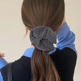 TUCEWP Scrunchies for Women's Hair 4Pcs White Black Gray Beige Scrunchies for Long Thick Hair Ultra Textured Hair Bands Plaids Stripes Scrunchies Cute Ponytail Holders No Damage Elastic Hair Ties