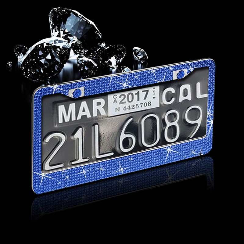 2 Pack Bling License Plate Frame，Handcrafted Bling Rhinestone Premium Stainless