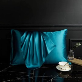 100% Mulberry Silk Pillowcase for Hair and Skin with Hidden Zipper Cotton Underside Standard Size - 19 Momme Charmeuse (Peacock blue, Standard)