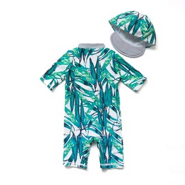 Baby Boys Sunsuit UPF 50+ Sun Protection All in One with Zipper Swimwear with Sun Hat(Grren,9-12Months)