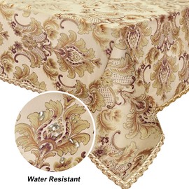 Loom and Mill Luxury Rectangle Tablecloth 60 x 84 Inches, Elegant Damask Golden Floral Waterproof Table Cover with Handmade Tassels for Dining Table Banquets Decorations(Beige, 60"x84")