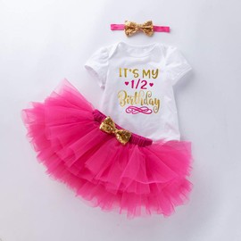 Baby 1/2 birthday outfit girl half year birthday Outfit 1/2 birthday shirt with crown (Rose Red 1/2 Birthday,3-6 Months)