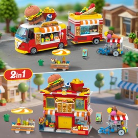 HOGOKIDS City Burger Truck House Building Toy - 2 in 1 Burger Van and Restaurant Building Blocks Set Mobile Ice Cream Food Cart Tables Restaurant Playset Valentines Gift for Kids Boys Girls 6+(826PCS)
