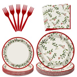 JarThenaAMCS 100Pcs Christmas Paper Tableware Set Watercolor Holly Berry Party Supplies Xmas Mistletoe Disposable Plates Napkins and Forks for 25 Guest Birthday Winter Holiday