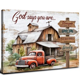 God Says You Are Wall Art Rustic Farmhouse Barn Wall Decor Red Truck Pictures Inspirational Bible Verses Canvas Prints for Living Room Religious Christian Artwork Bedroom Office Home Decoration 12x16"
