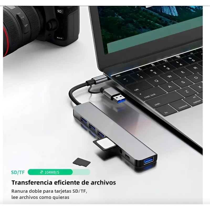 De Usb Hub 8 En 1 Azul Claro, 4 Puertos