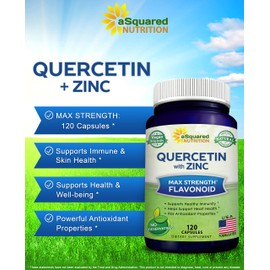 aSquared Nutrition Quercetin 1000mg with Zinc Supplement - 120 Capsules - Quercetin Dihydrate with Black Elderberry & Zinc - Max Strength Powder Complex Pills to Help Improve Immune Response