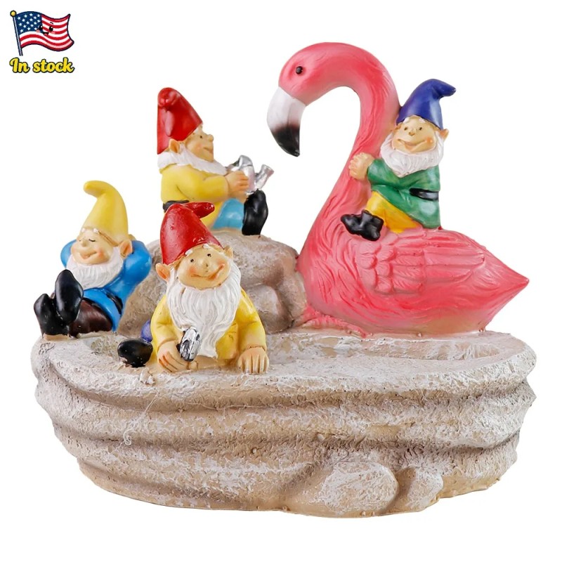 Solar-Powered Garden Gnomes and Flamingo Lantern Set with Mushroom Lights,