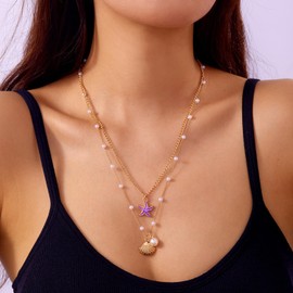 Seashell Necklace for Women Summer Pearl Starfish Layer Pendant Necklace Bohemian Summer Beach Mermaid Jewelry Accessories (Style-A)
