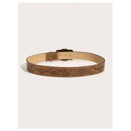 OYOANGLE Women's Vintage Western Cowgirl Leather Belts Floral Engraved Longhorn Bull Buckled Belt for Jeans, Brown, 4T