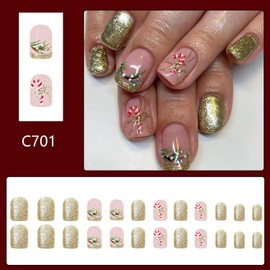 24 Pcs Christmas Press on Nails Short Square Cute Fake Nails Golden Glitter False Nail Full Cover Winter Acrylic Nails with Xmas Candy Cane Design Stick on Nails Kit Art DIY for Christmas Nails