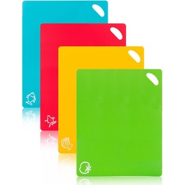 GWHOLE Plastic Cutting Board Thick Flexible Chopping Board Mats with Food Icons, Easy-Grip Handles & Dish Washer Safe (4pcs)