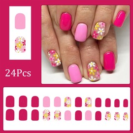 Flower Press on Nails Short Square Spring Summer Daisy Nails Press ons Short Square Fake Nails Colorful Floral Glue on Nails Artificial Nails Full Cover Pink Stick on Nails for Women Girls 24 Pcs
