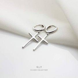 K.L.Y Women's Earrings, Hoop Ring, Cross 925 Silver, Unisex, Both Ears, Popular Earrings, Hypoallergenic Metal, Individuality, Sterling Silver, Birthday Gift, White Gold Silver Sterling Silver