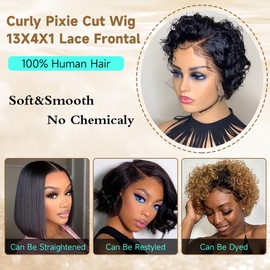 YKHJH Short Curly Human Hair Wigs Pixie Cut Wig Human Hair Lace Front Wigs 6 Inch 13x4x1 Side Part Human Hair Wigs for Black Women Plucked Hairline Natural Black Color