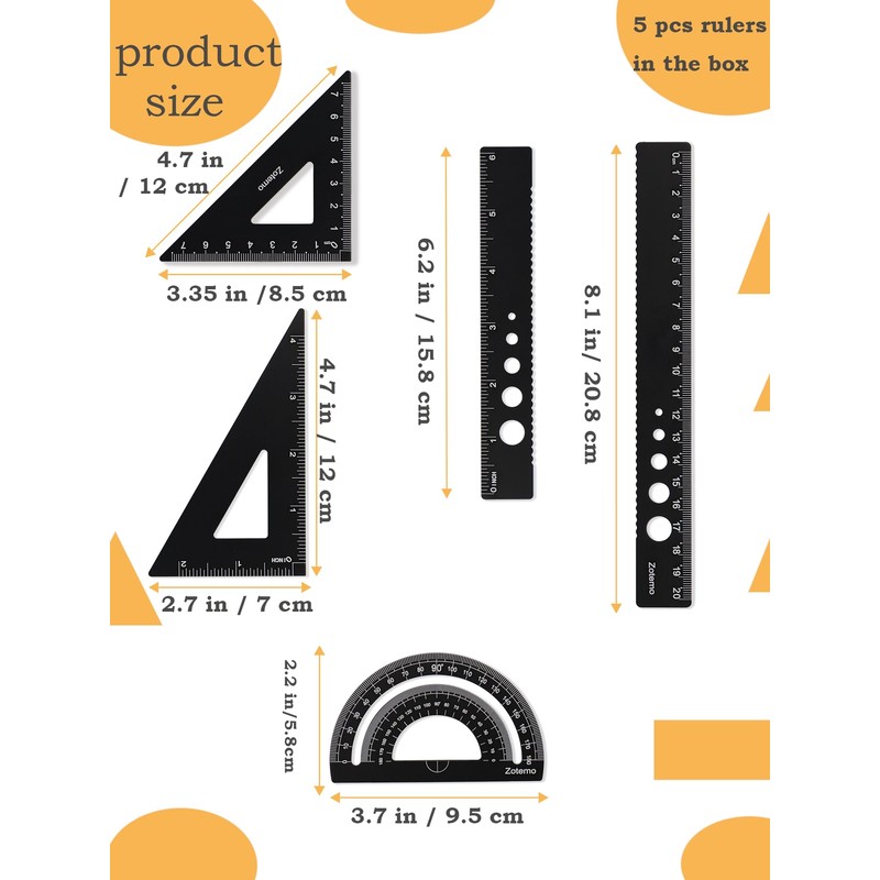 Zotemo Metal Geometry Set, 5-Piece Aluminum Ruler, Math Drafting Ruler