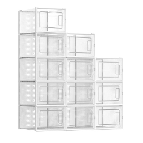 SONGMICS Shoe Boxes, Pack of 12 Shoe Storage Organizers, Stackable Clear Plastic Boxes for Closet, Sneakers, 9.9 x 13.7 x 7.4 Inches, Fit up to US Size 13, Transparent and White ULSP12MWT