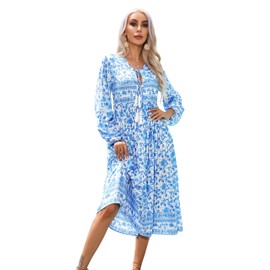 R.Vivimos Women's Long Sleeves Floral Print Retro V Neck Tassel Casual Bohemian Midi Dresses (Large, AzureBlue)
