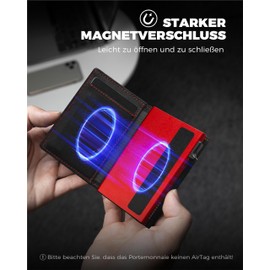 DODENSHA® Airtag Men's Wallet with XL Coin Compartment, MagSnap Card Case, Smart Airtag Wallet for 10+ Cards, Men's Wallet with RFID Protection, Men's Wallet with AirTag Compartment, Black-red, Modern
