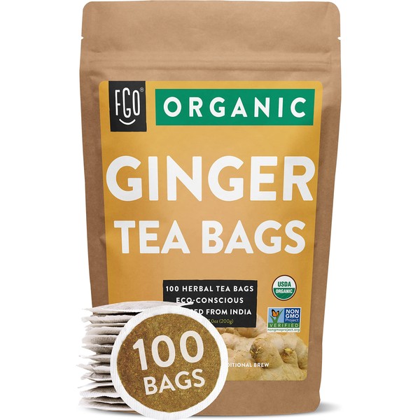 FGO Organic Ginger Tea, Eco-Conscious Tea Bags, 100 Count